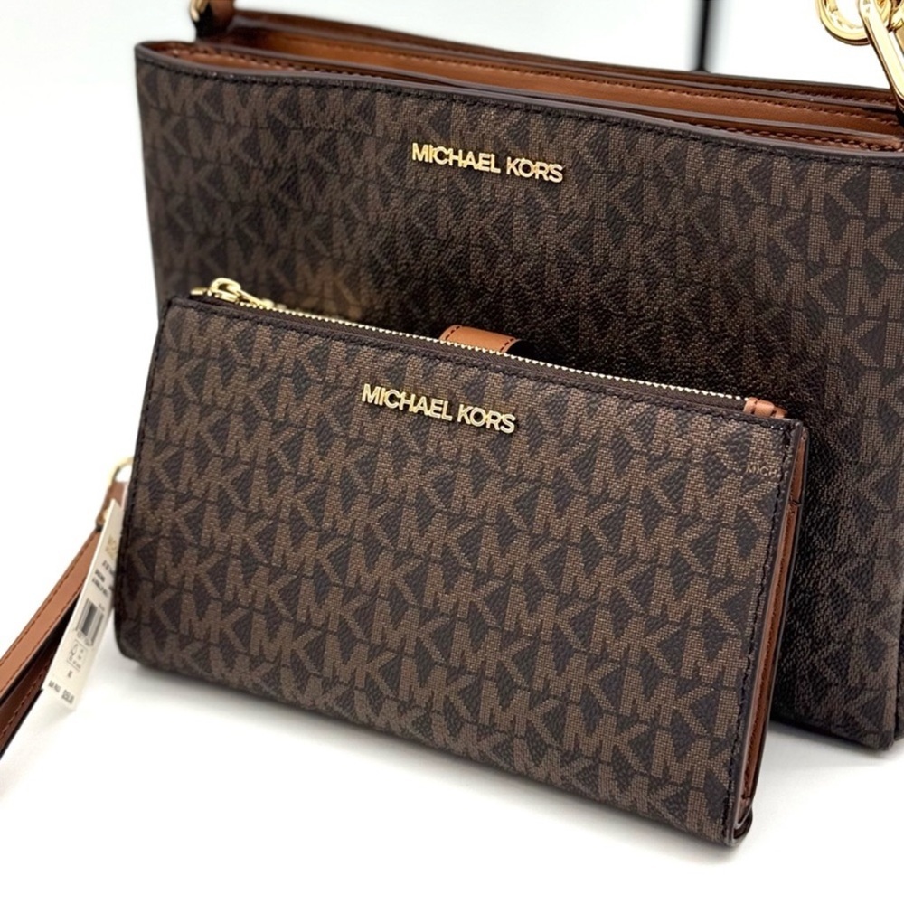 Michael Kors Trisha MD Triple Compartment Bag & Double Zip Wallet Set Brown - Picture 11 of 13